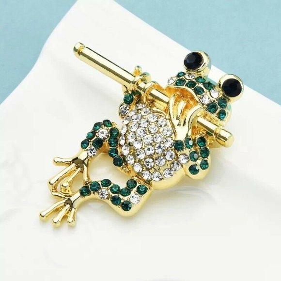 Frog Pin/Pendant Playing Flute Emerald Green Crystal Pave Gold Plate NWT M217 - Picture 2 of 6